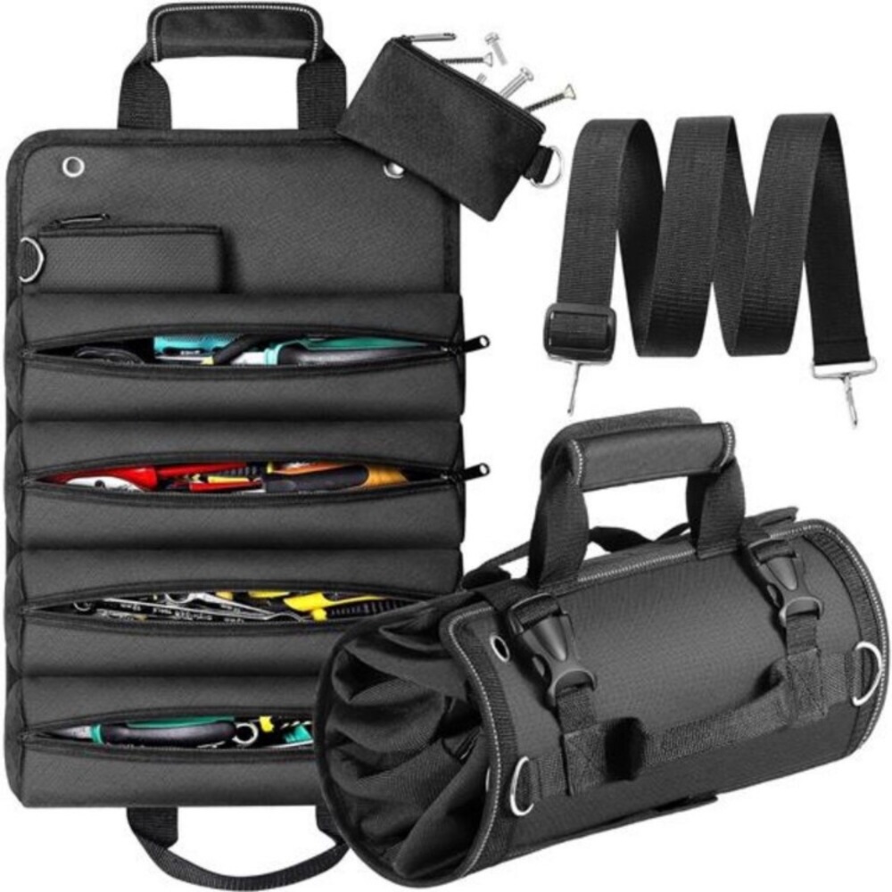 Heavy Duty Roll-Up Tool Bag with 2 Detachable Zipper Pouches, Compact